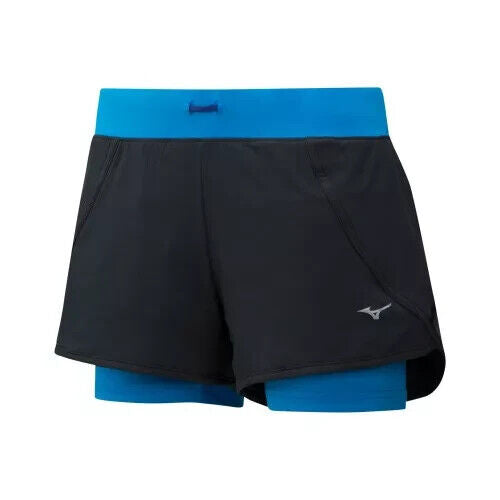 Mizuno Mujin 4.5 Running Shorts Women Black Blue 2-In-1 Elastic Waist