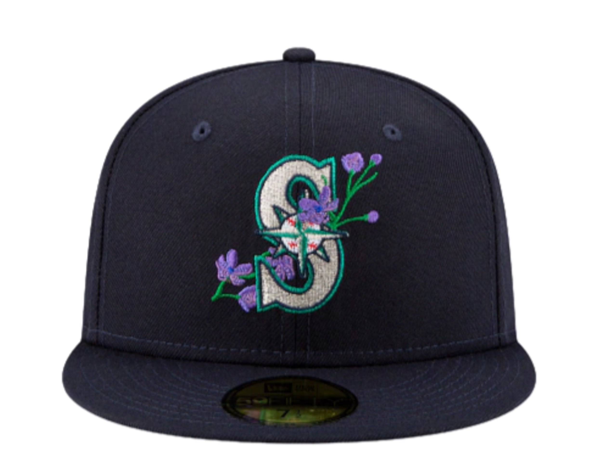 New Era Mens MLB Seattle Mariners Side Patch Bloom 59Fifty Fitted Hat  60288182 Navy, Light Purple Undervisor