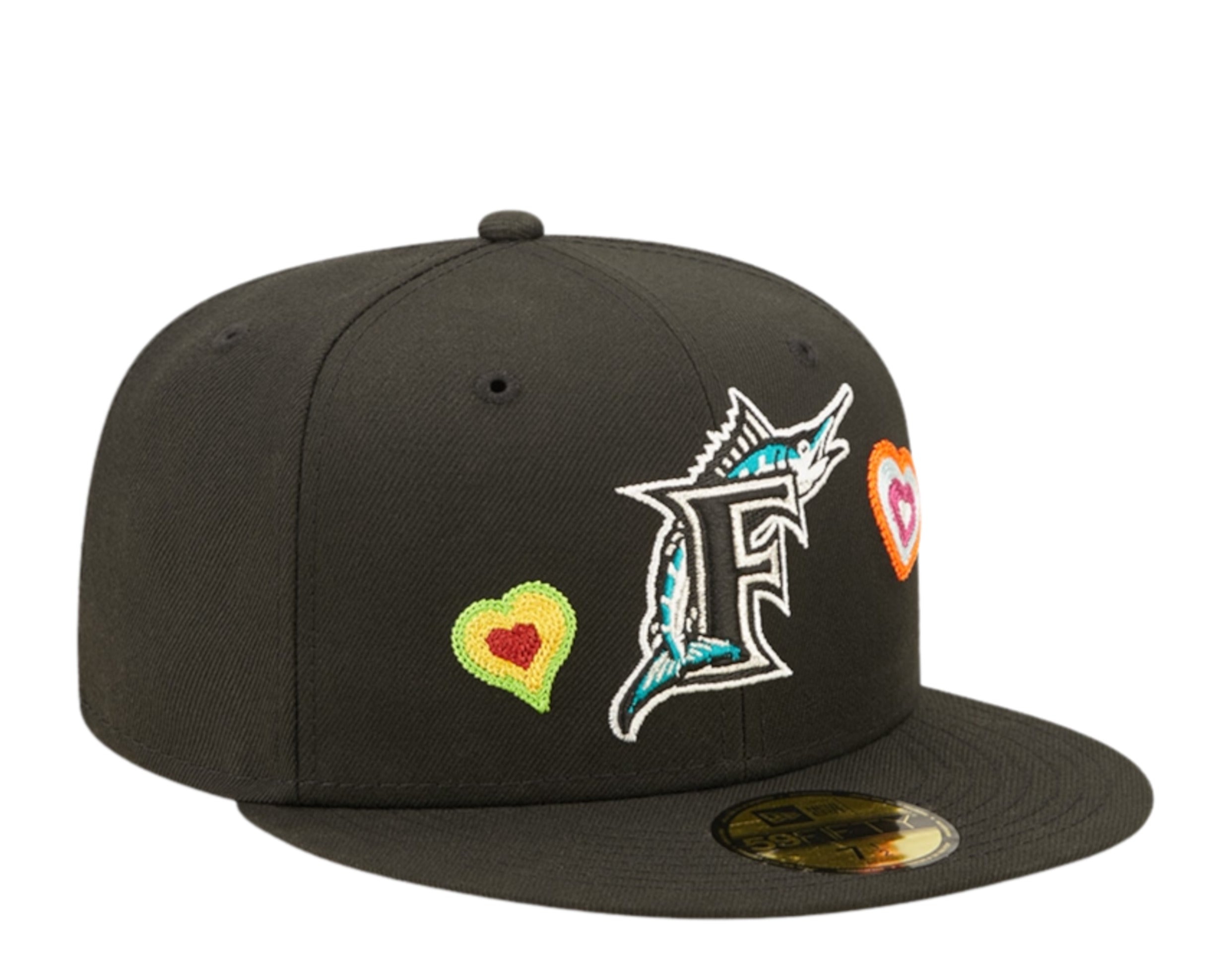 New Era 59Fifty MLB Florida Marlins Chain Stitch Heart Fitted Hat W/ Pink Undervisor