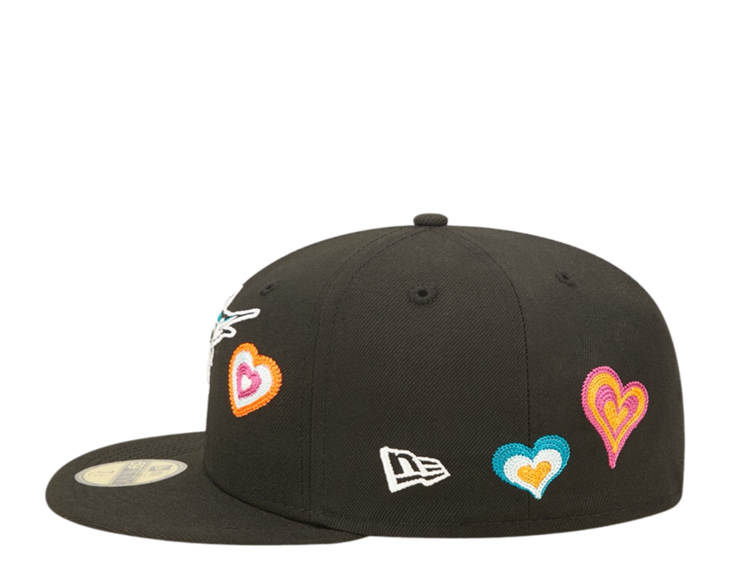 New Era 59Fifty MLB Florida Marlins Chain Stitch Heart Fitted Hat W/ Pink Undervisor